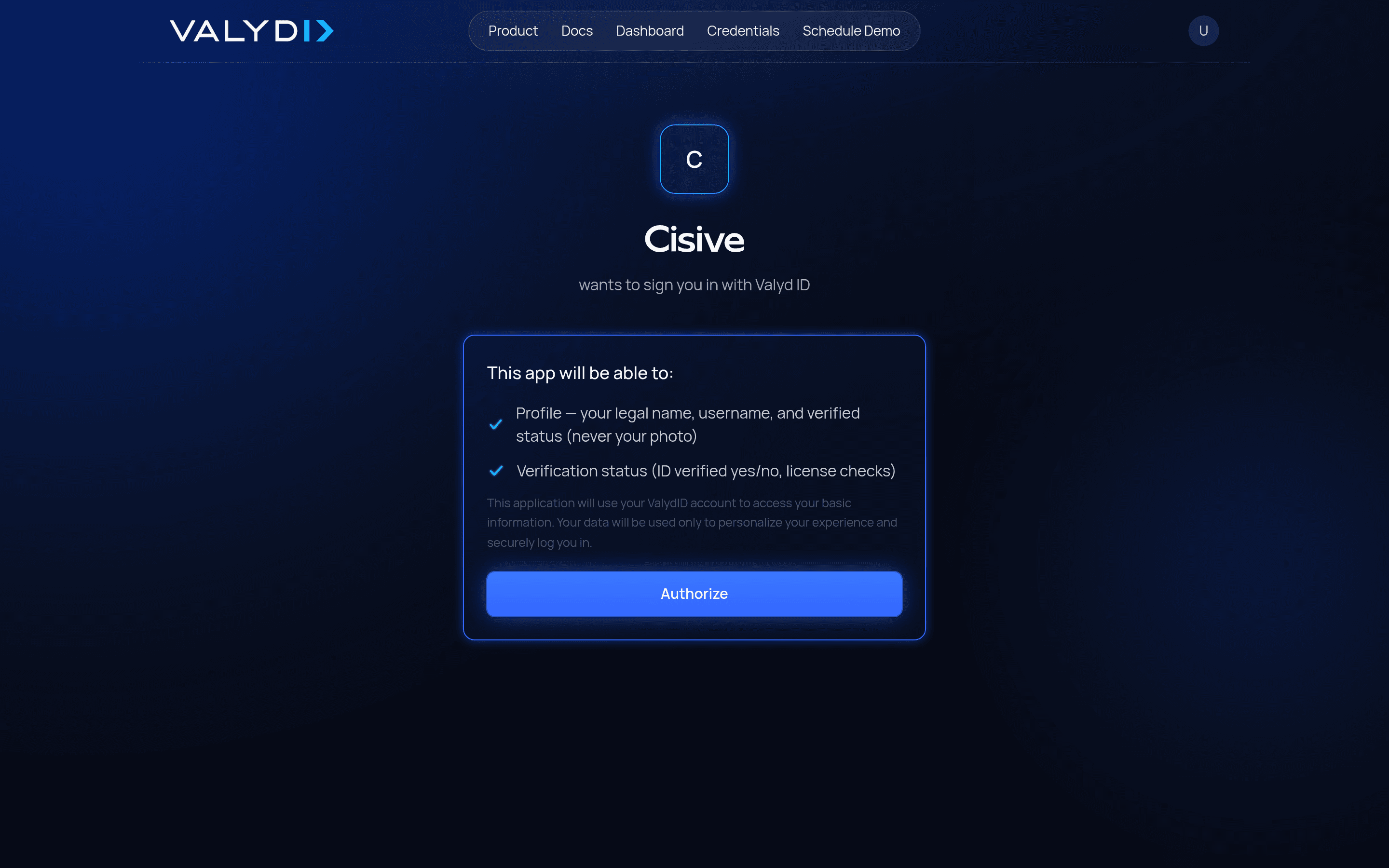 The consent screen showing the requesting app's registered name