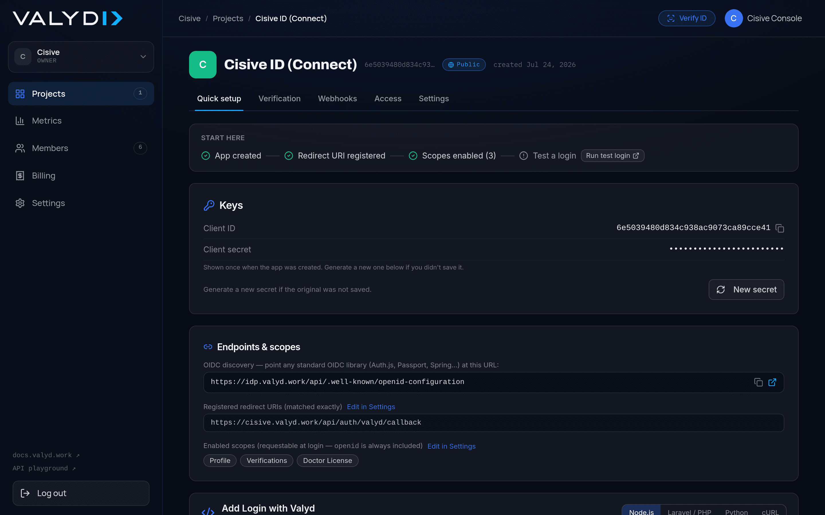 The app's Quick setup page: setup checklist, client credentials, and OIDC endpoints