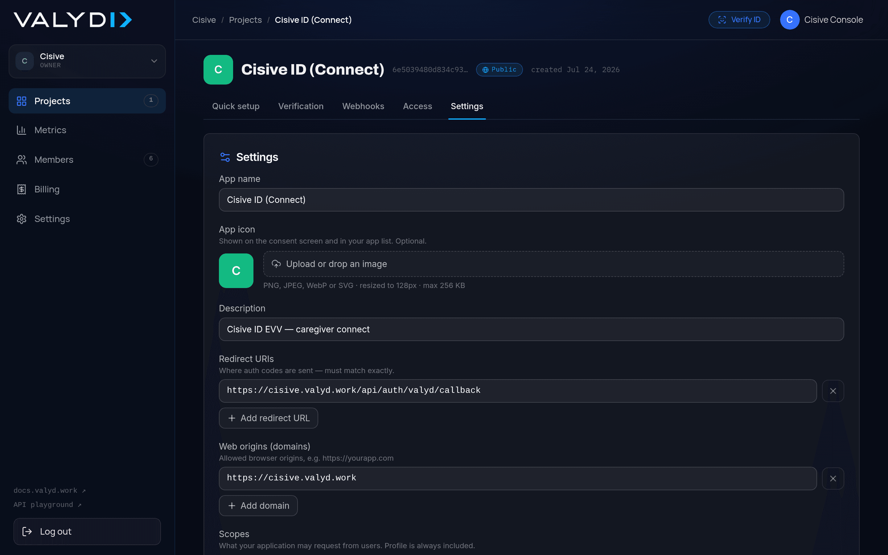 The app's Settings tab: redirect URIs, web origins, and scopes