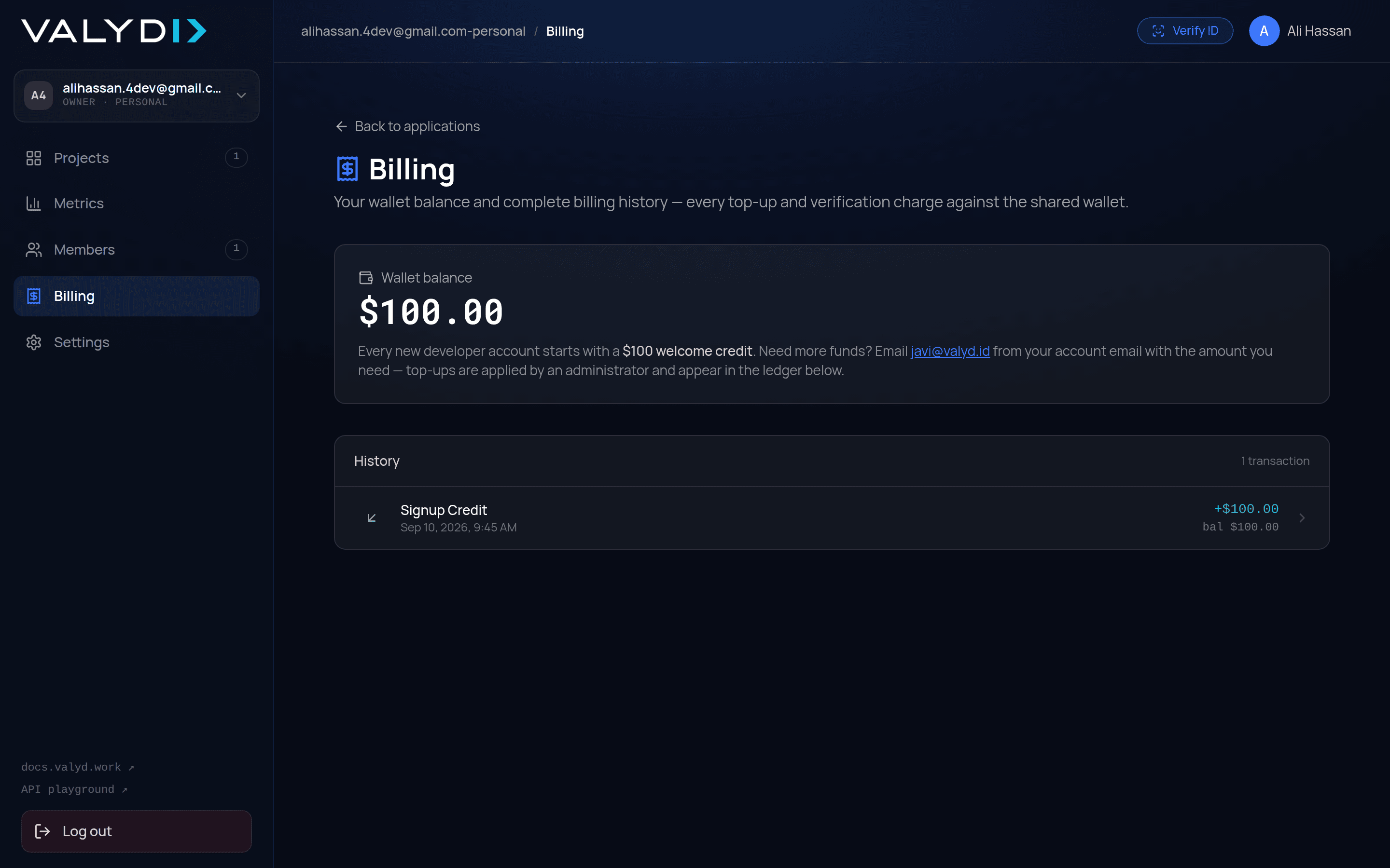 The Transactions page: wallet balance, welcome credit, and the top-up contact