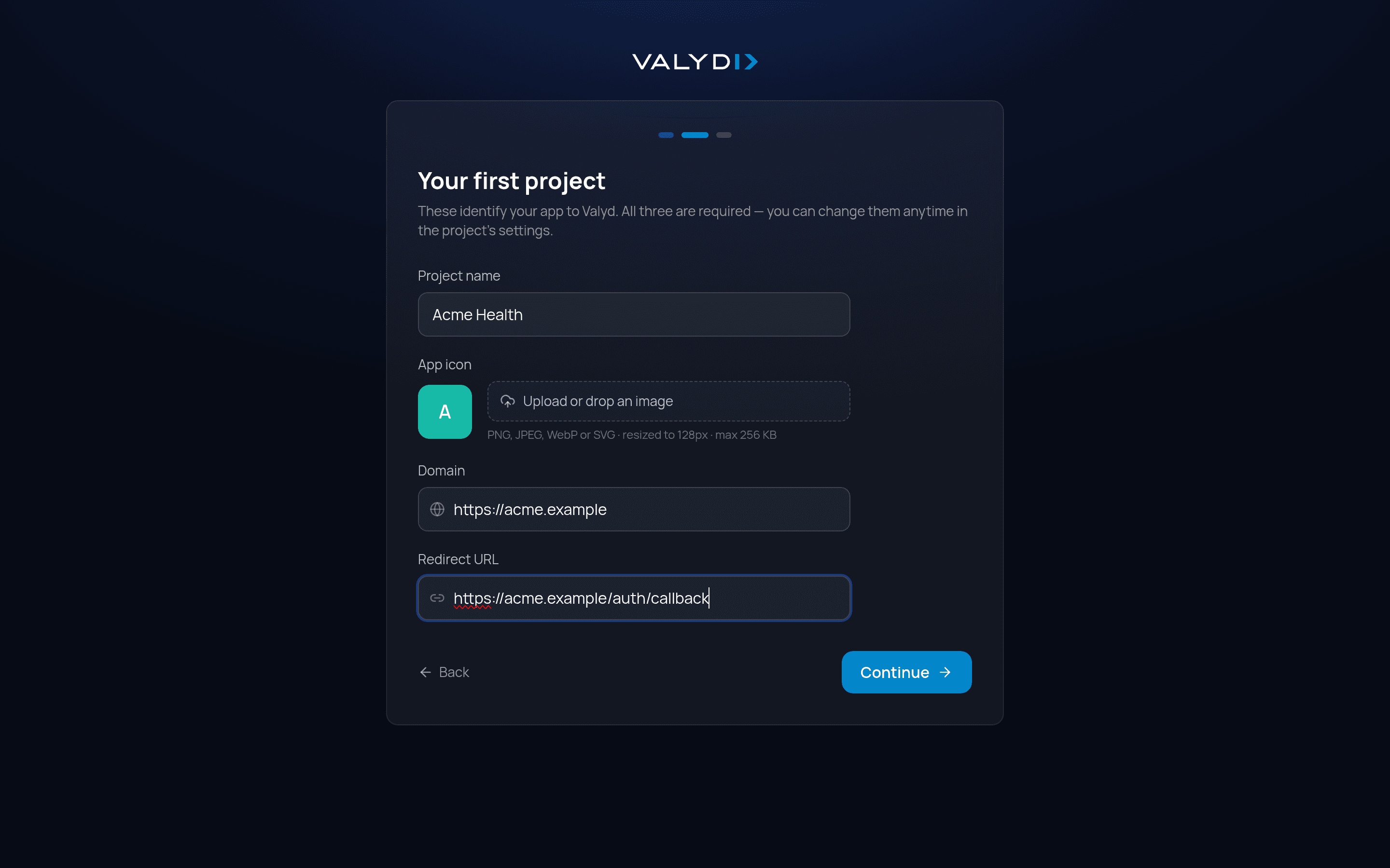 Naming your first app: project name, domain, and redirect URL