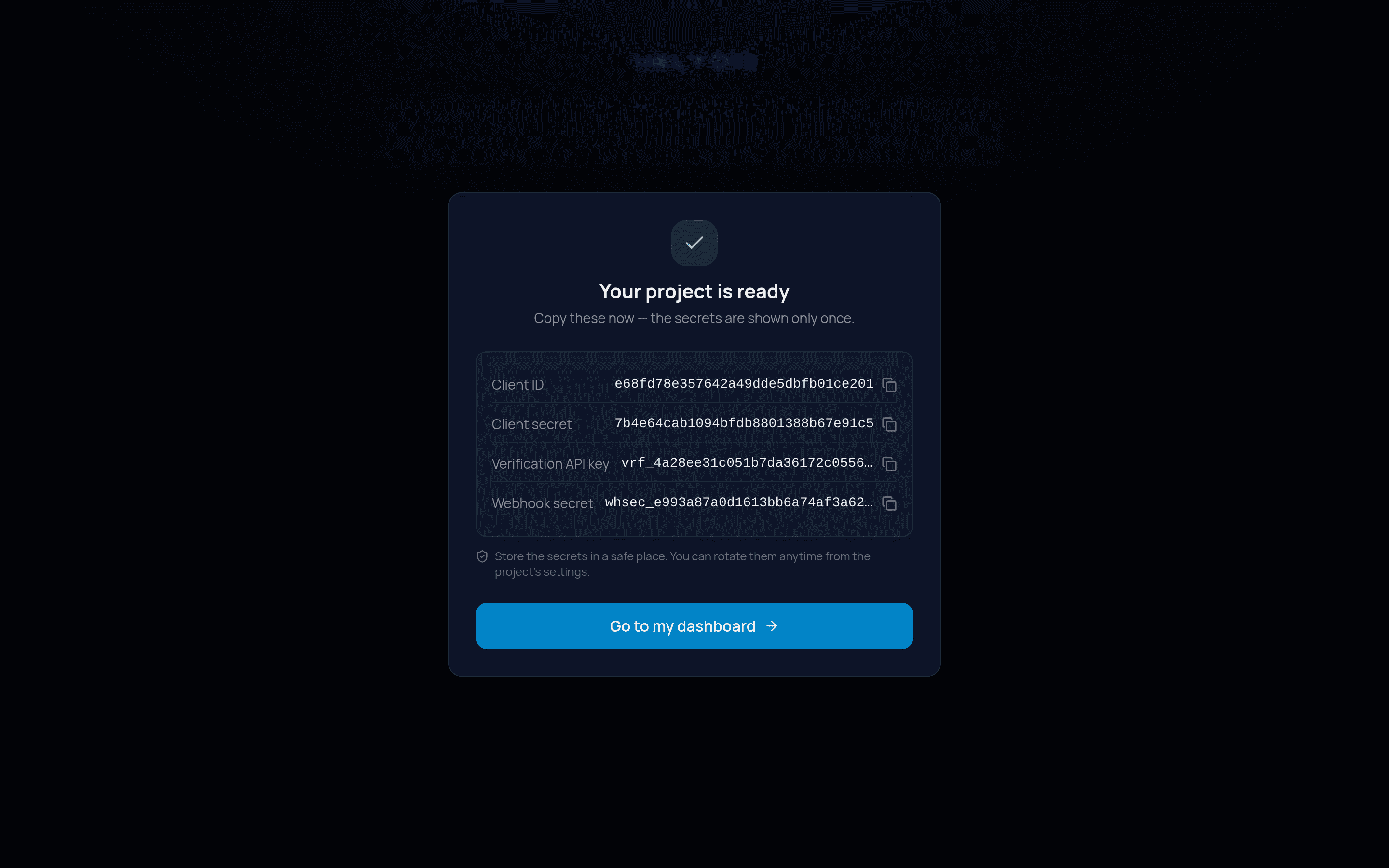 Your project is ready: client ID and secret, API key, and webhook secret